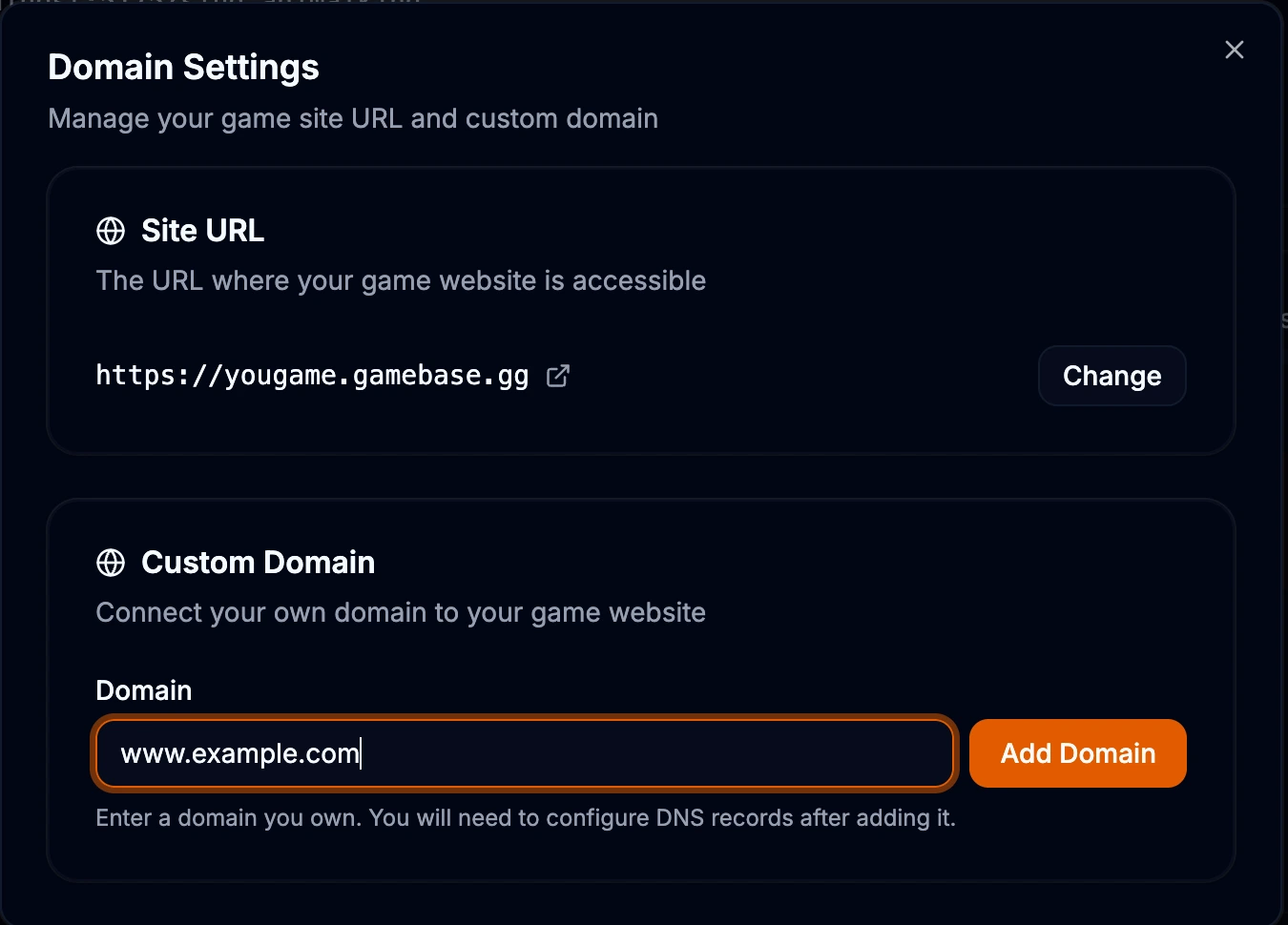 Custom domain settings showing domain input, DNS records table with CNAME and TXT records, and status indicator