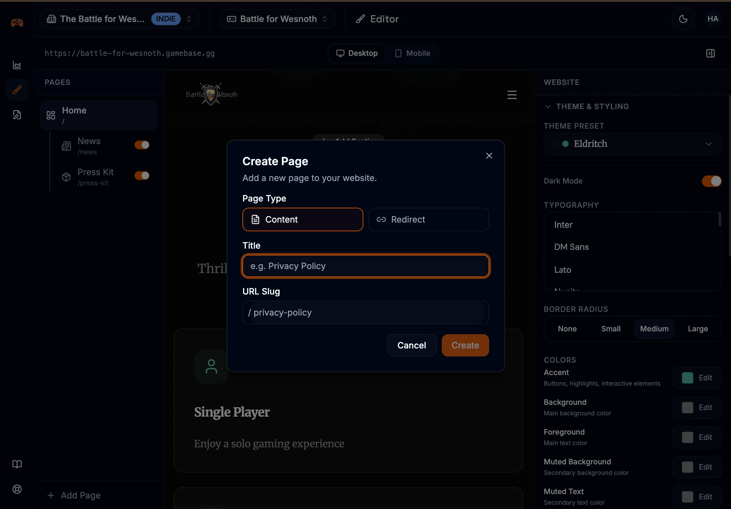 Custom page editor showing the content editor, page title, slug field, and SEO settings
