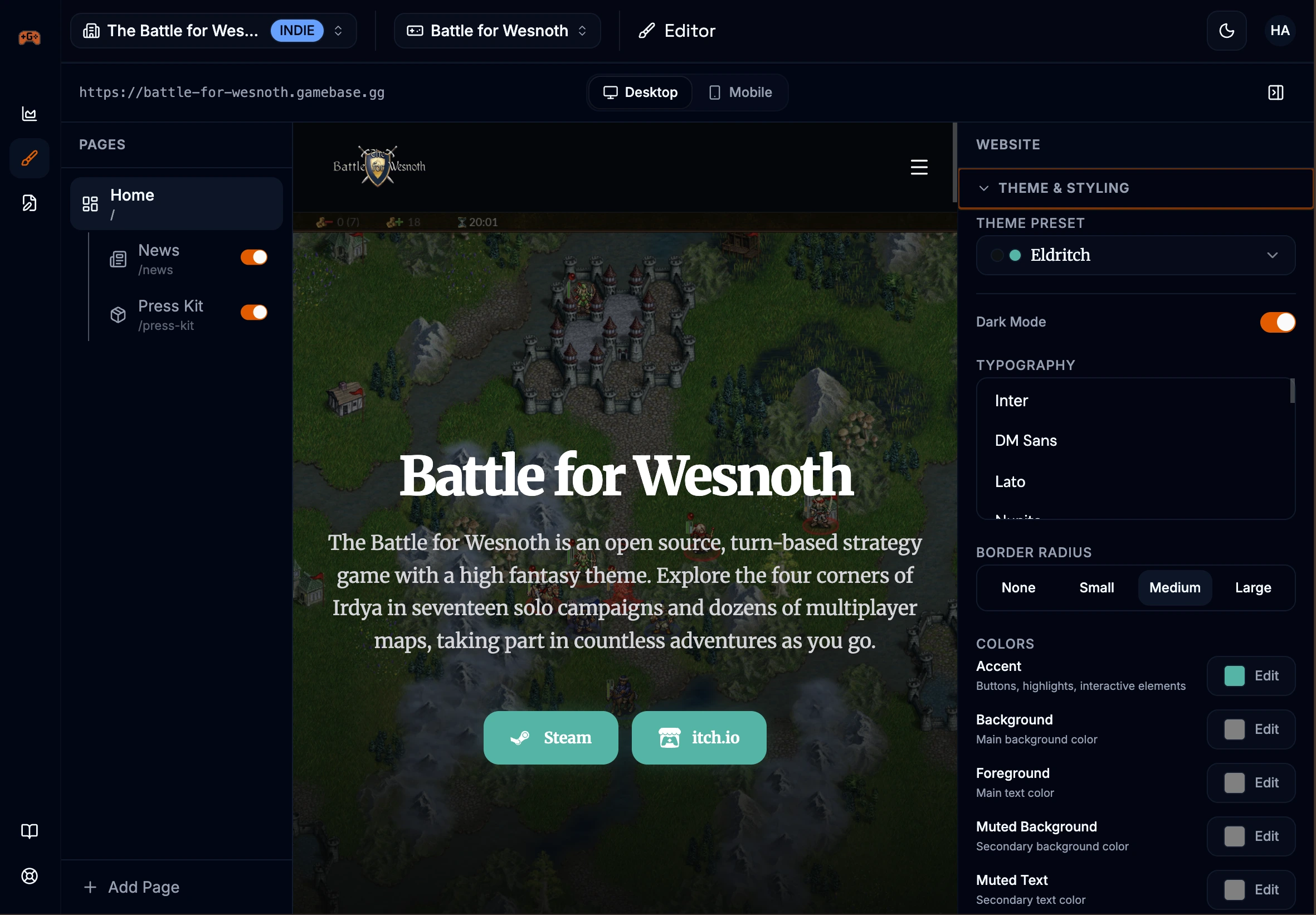 Design panel showing accent color picker, font selector, dark/light mode toggle, and border radius options