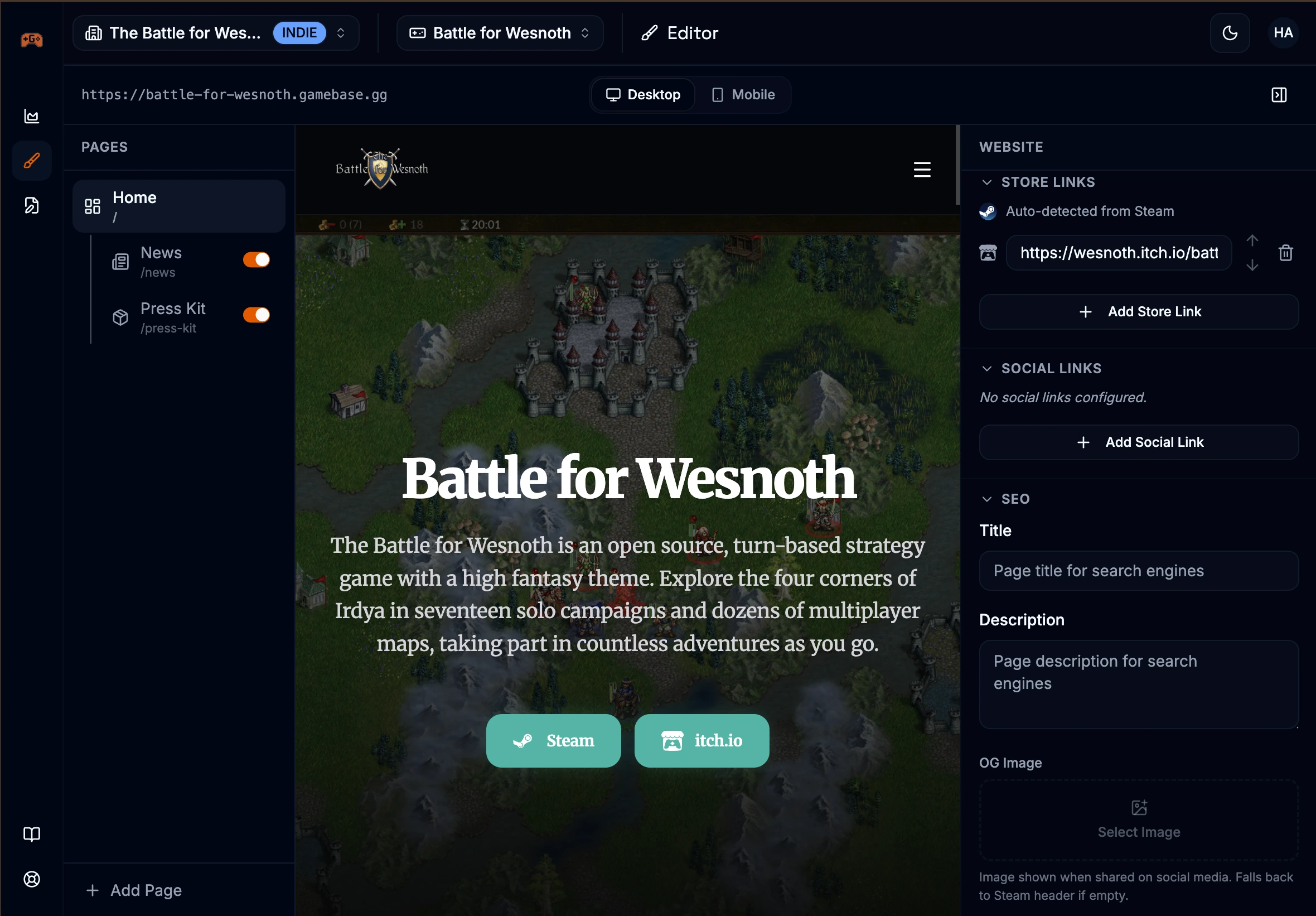 Full page editor view showing the vertical stack of sections with drag handles, add section button, and preview toggle