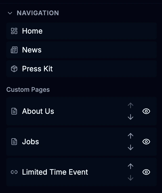 Navigation panel showing page list with toggle switches and reorder arrows