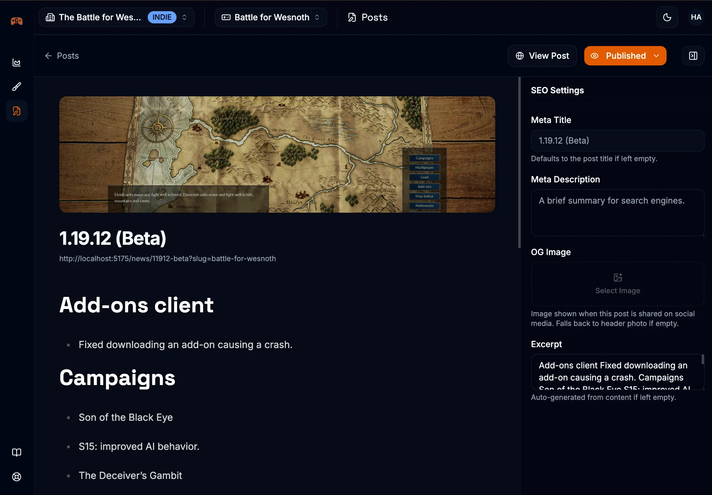 Post editor showing rich text toolbar, header image, title field, and content area with formatting options