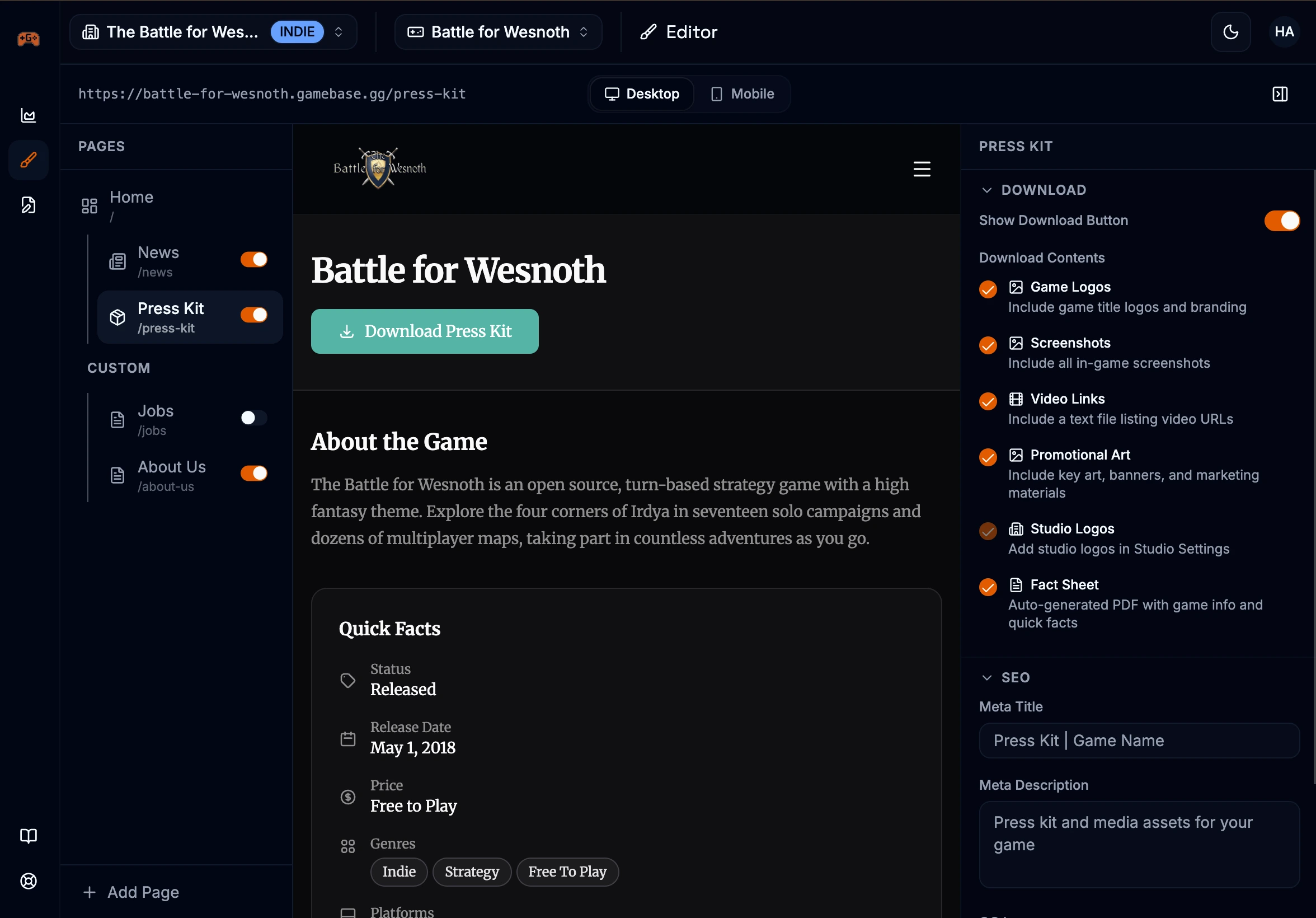 Press kit editor showing asset galleries, game info fields, and download settings