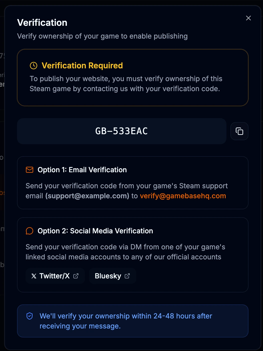 Verification dialog showing the unique verification code with copy button and verification method options