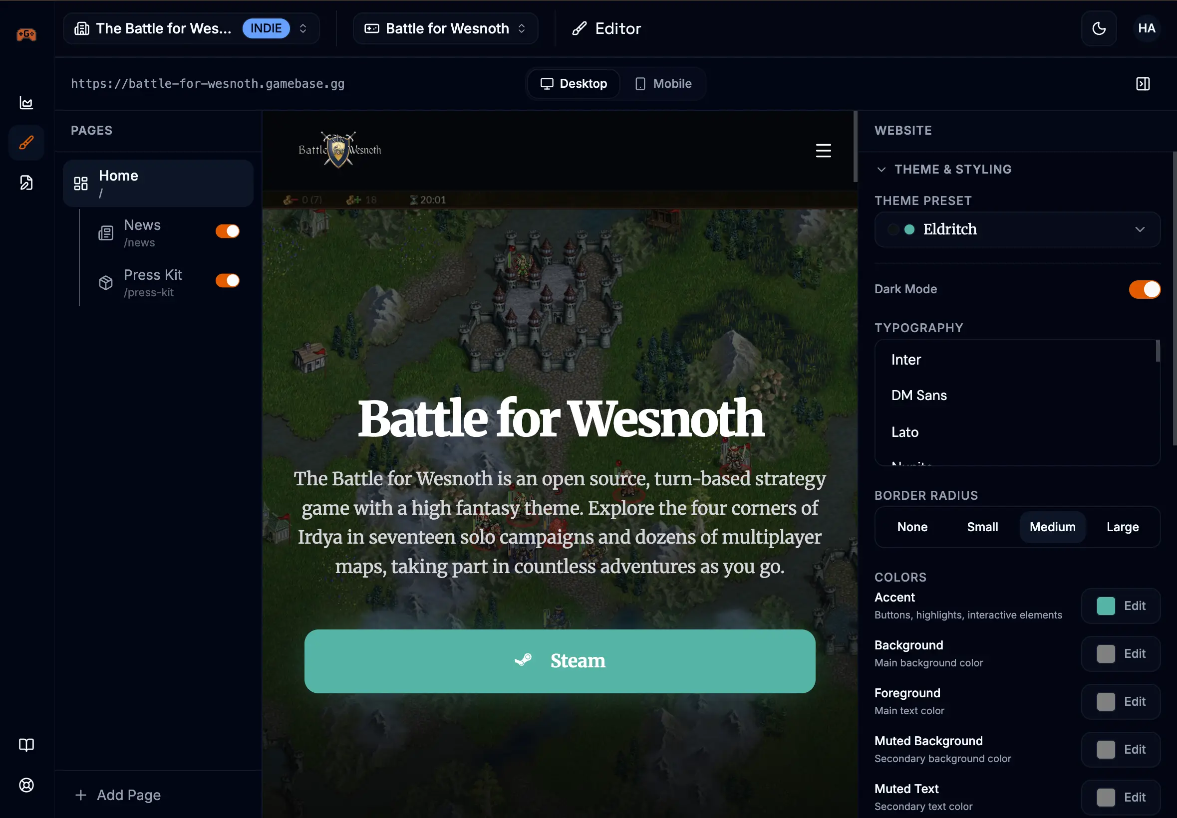 Gamebase website editor interface showing section layout, color and font customization options