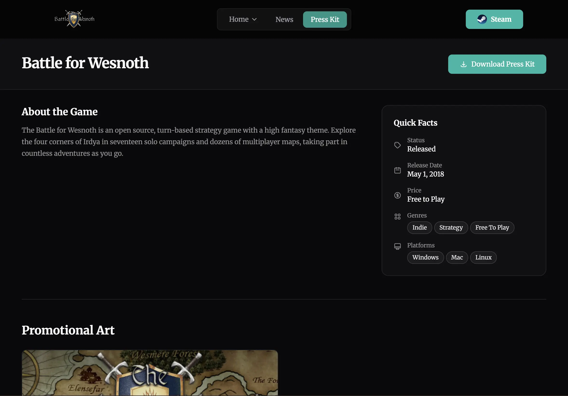 Gamebase press kit page showing game description, Quick Facts sidebar with release date, price, genres, and platforms, plus a Download Press Kit button